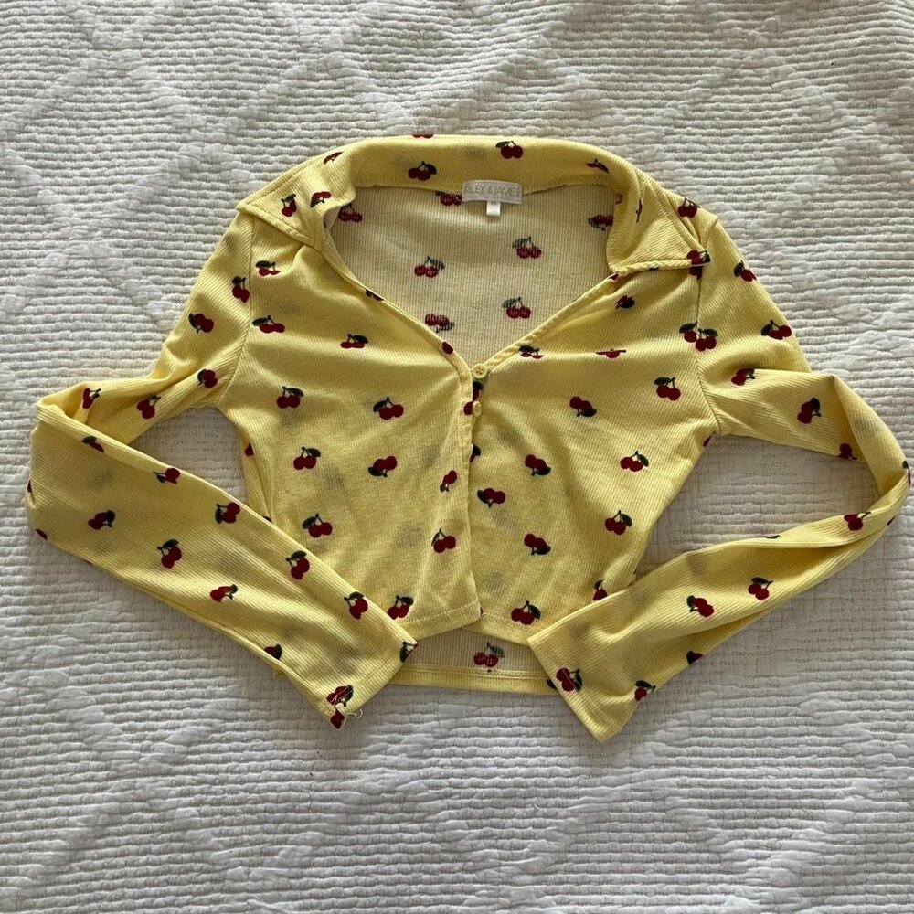 Riley & James Polo Shirt Yellow Cherry Print Long Sleeve Size XS VGUC